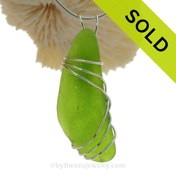 Glowing RARE Chartreuse Sea Glass Bottle Bottom Pendant In Sterling Triple Necklace Pendant Setting