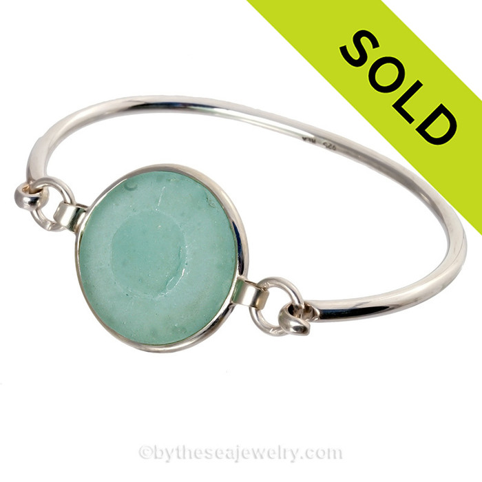Genuine Aqua Green Sea Glass Stopper Top Bangle Bracelet set in our Premium Deluxe Wire Bezel© Solid Sterling Silver 