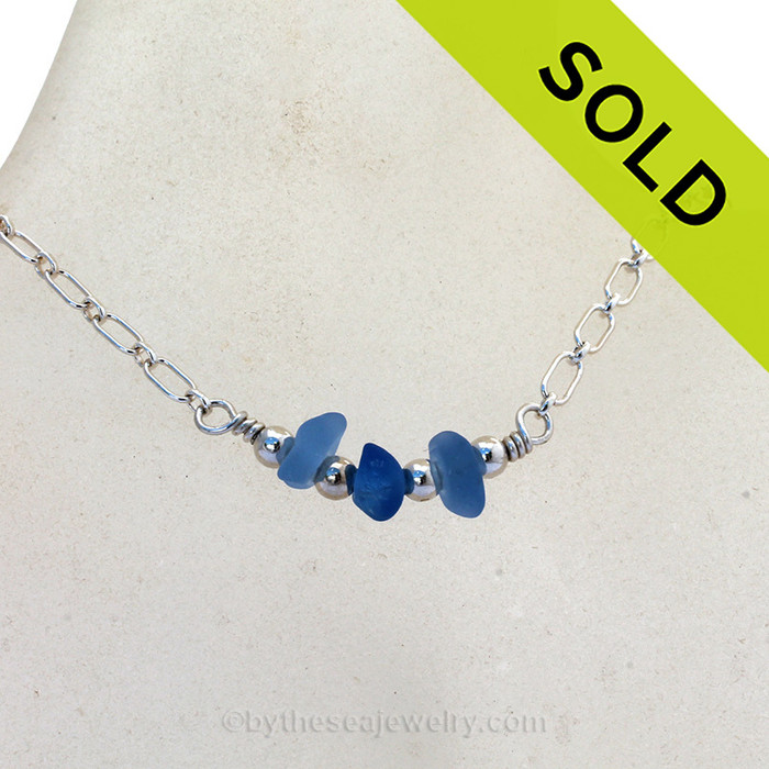Triple Simply Sea Glass Necklace with Carolina and Cobalt Blue on Solid Sterling Silver