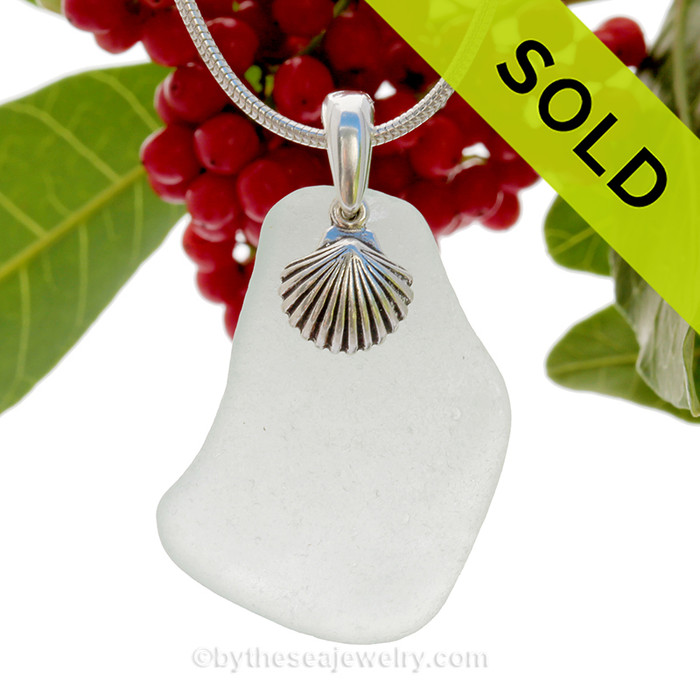 Larger Pale Aqua Sea Glass With Sterling Silver Shell Charm - 18" STERLING CHAIN INCLUDED