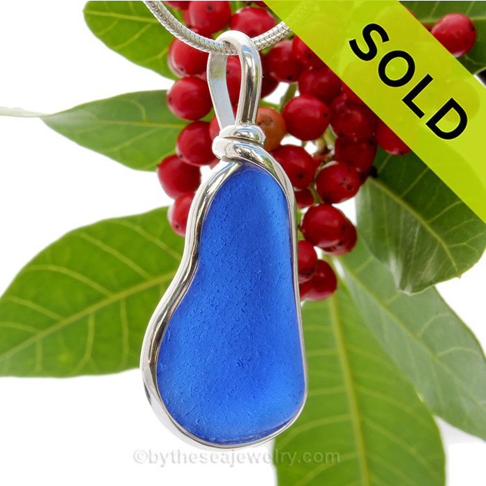Cool Irregular Long Genuine Blue Sea Glass Pendant In our Sterling Original Wire Bezel© 