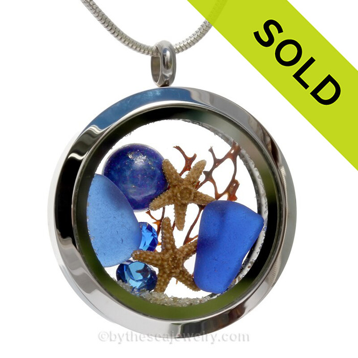 Land & Sea - Cobalt Blue Genuine Sea Glass Locket With Real Lapis Starfish, Gems & Beach Sand (LOCK109)
SOLD - Sorry this Sea Glass Jewelry selection is NO LONGER AVAILABLE!