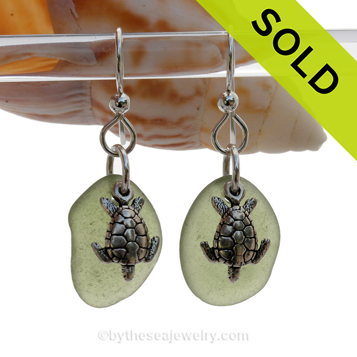 Seaweed Green Genuine UNALTERED Sea Glass Earrings W/ Solid Sterling Sea Turtle Charms