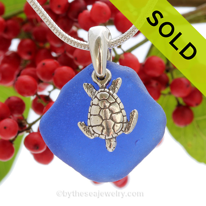 Rare Cobalt Blue Sea Glass With Sterling Silver Turtle Charm - 18" STERLING CHAIN INCLUDED