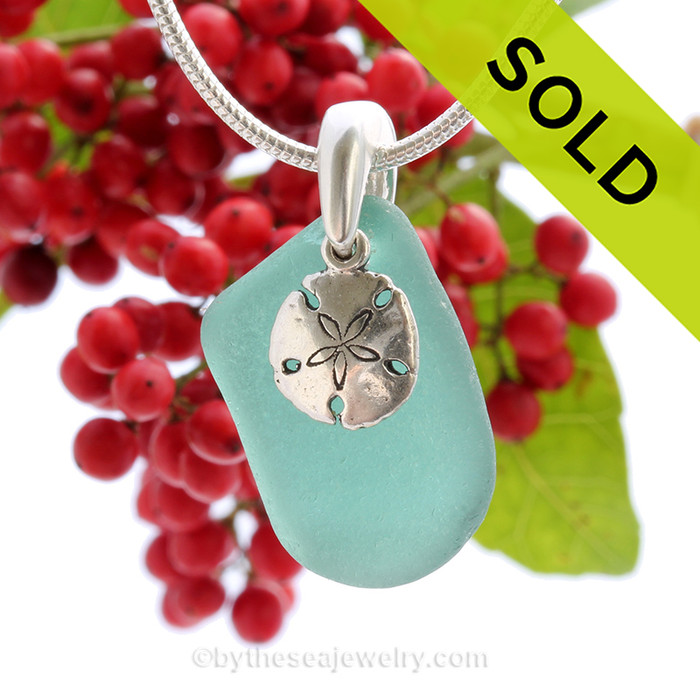 Tropical Aqua Sea Glass With Sterling Silver Sand Dollar Charm - 18" STERLING CHAIN INCLUDED