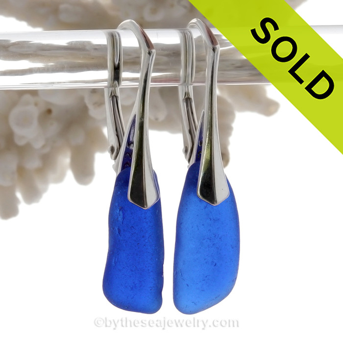Long Vivid Cobalt Blue Sea Glass Earrings on Solid Sterling Silver Leverbacks.
SOLD - Sorry This Sea Glass Jewelry Item is NO LONGER AVAILABLE!