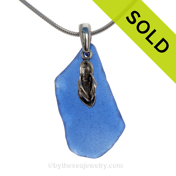 Rare Cobalt Blue Sea Glass With Sterling Silver Flip Flops Charm - 18" STERLING CHAIN INCLUDED