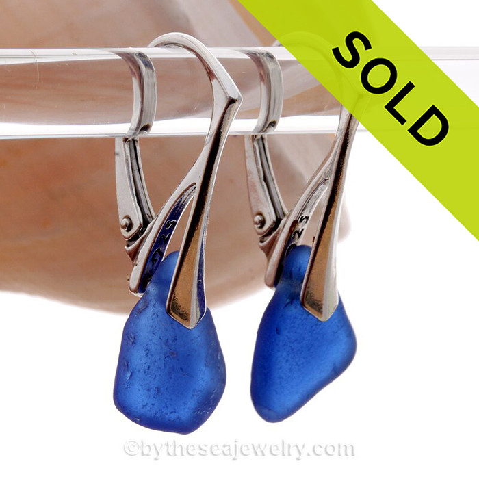 Small Cobalt Blue Sea Glass Earrings on Solid Sterling Silver Leverbacks