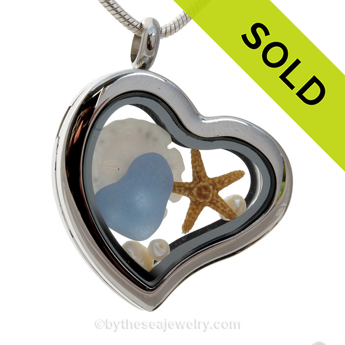 Carolina Love - Carolina Blue Heart Shaped Sea Glass, Starfish, Sandollar and Fresh Water Pearls Heart Locket Necklace.