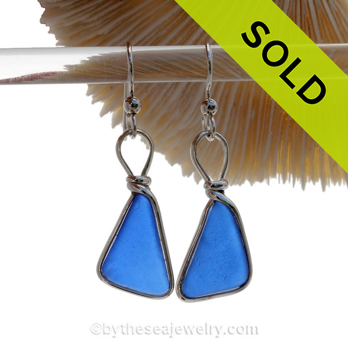 Thinner Featherweight Blue Genuine Sea Glass Earrings In Sterling Wire Bezel©