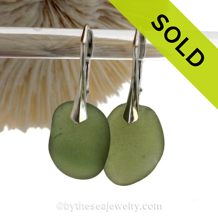 Beach Found Seaweed Green Sea Glass Earrings On Solid Sterling Silver Leverbacks