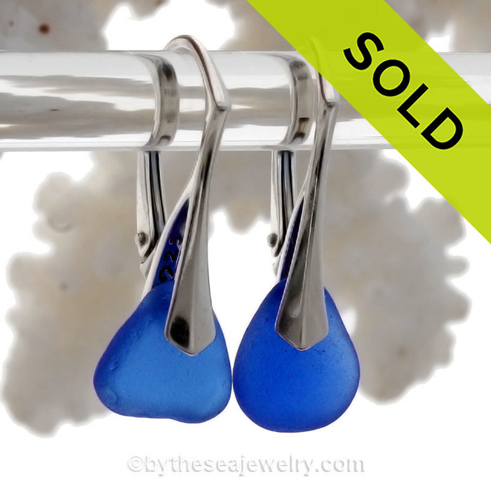 PERFECT Petite Cobalt Blue Sea Glass Earrings on Solid Sterling Silver Leverbacks