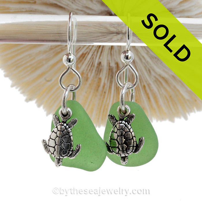 Green Genuine Sea Glass Earrings On Sterling W/ Sterling Sea Turtle Charms