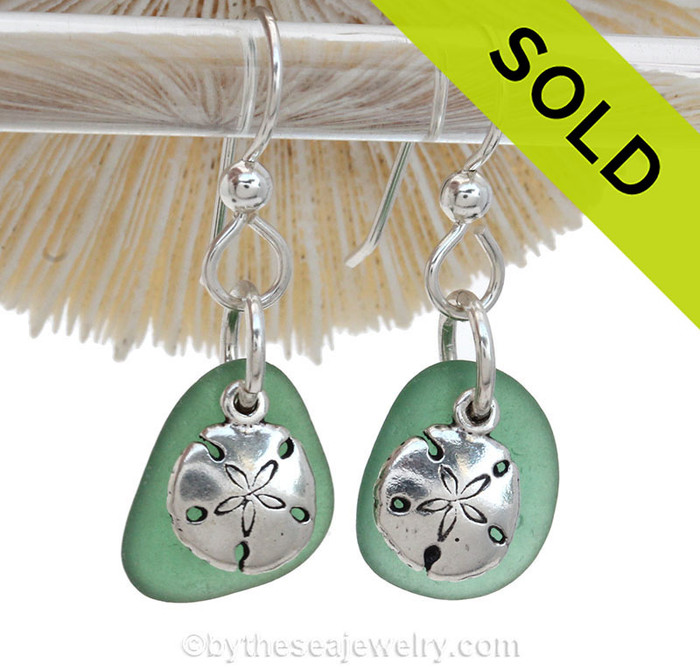 Unusual Green Genuine Sea Glass Earrings On Sterling W/ Sterling Sandollar Charms 