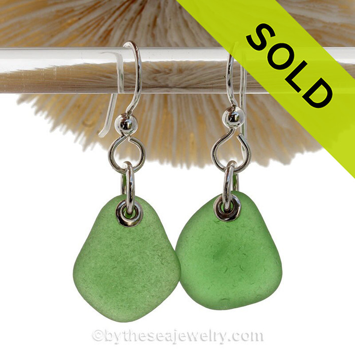 Simply Sea Glass - Larger Green Earrings On Solid Sterling Silver Silver Earwires