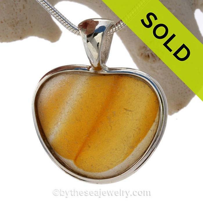 Heart Of Gold- LARGE ULTRA RARE Golden Yellow Multi Natural Sea Glass Heart In Deluxe Sterling Bezel© Pendant