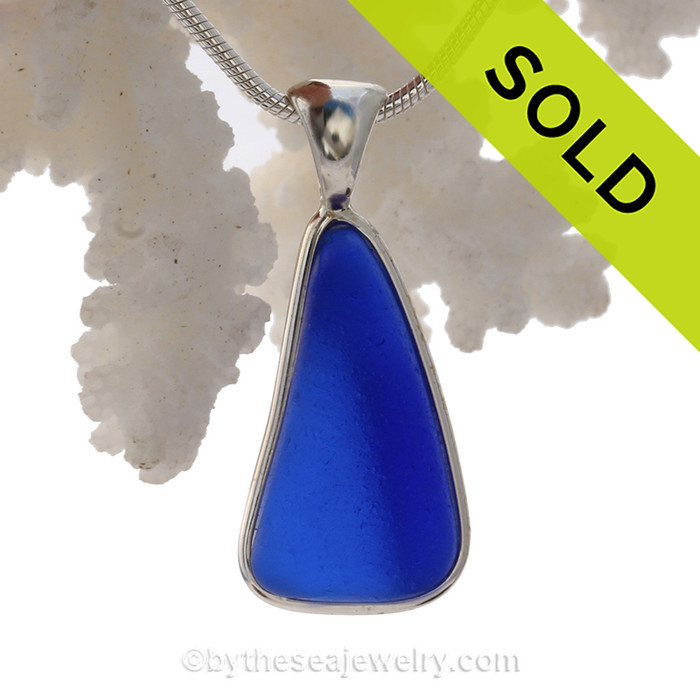 P-E-R-F-E-C-T Triangle of Cobalt Blue Sea Glass In Sterling Silver Deluxe Wire Bezel© Setting