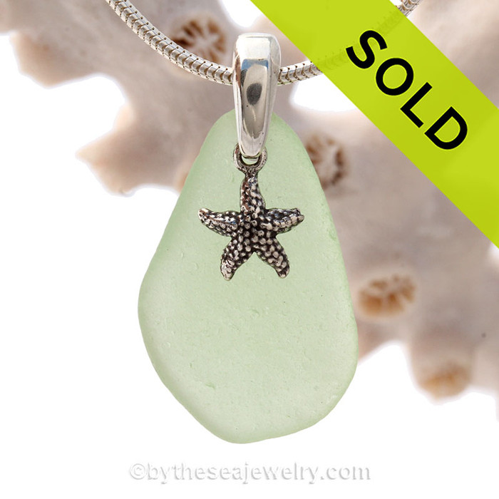 Perfect Sea Green Sea Glass Necklace set on a solid sterling cast bail with a sterling silver Starfish charm.