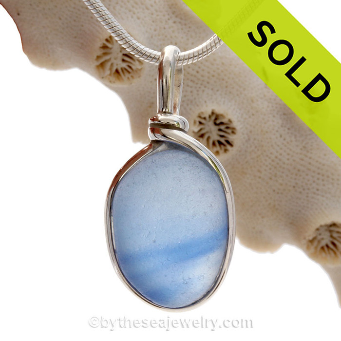 Blue Skies Smiling -  Thick Mixed Sky Blue Seaham Sea Glass Pendant In Original Wire Bezel © Setting