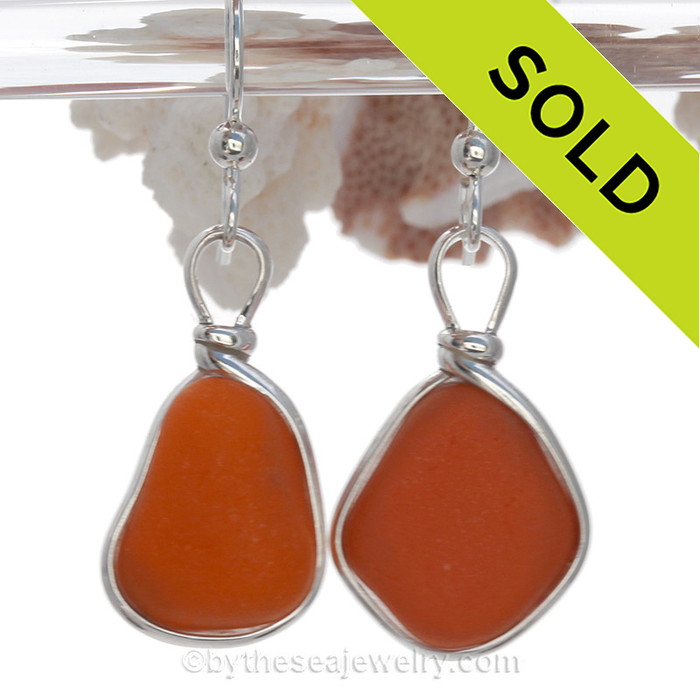 Mostly Opaque ORANGE English Sea Glass  Earrings in Original Sterling Wire Bezel©