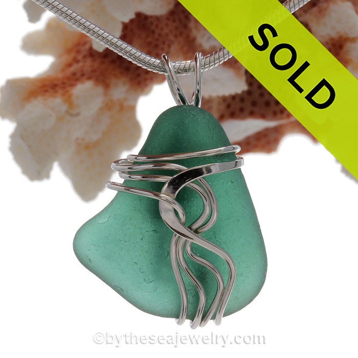Lovely Teal Green Genuine Sea Glass Sterling Waves© Signature Sterling Setting Pendant