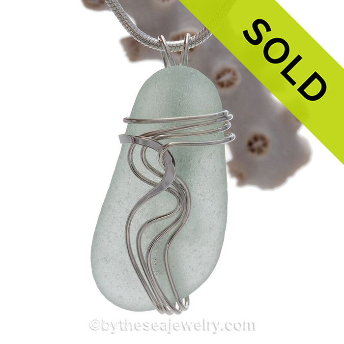 Long Lovely Sea Green Genuine Sea Glass Sterling Waves© Signature Sterling Setting Pendant