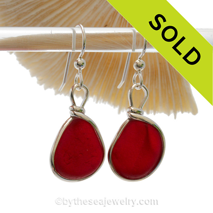 P-E-R-F-E-C-T Large Vivid Red Genuine English Sea Glass Earrings In Sterling Original Wire Bezel©