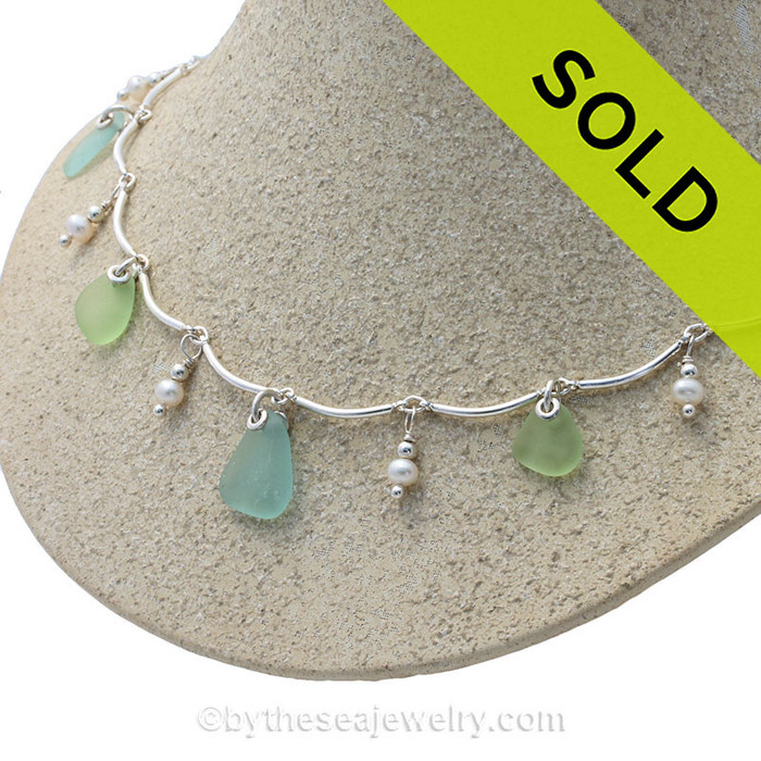 Spring Fling - Vaseline Green and Aqua Blue Genuine Sea Glass on a Solid Sterling Silver Curved Bar Necklace with Fresh Water Pearls.