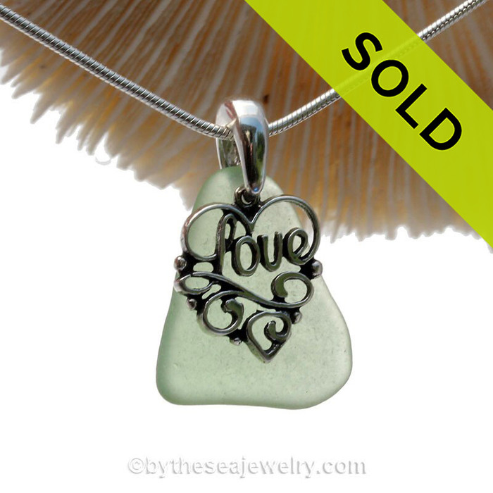 Bright Seaweed Green Sea Green Sea Glass Necklace With Sterling Heart LOVE Charm - 18" Solid Sterling Chain INCLUDED
