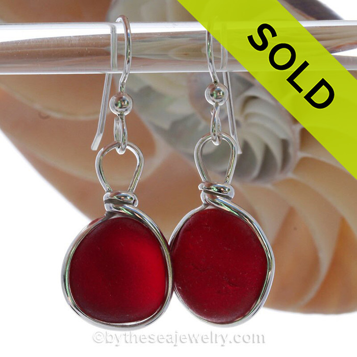 PERFECT Cherry Red Genuine English Sea Glass Earrings In Solid Sterling Silver Original Wire Bezel©