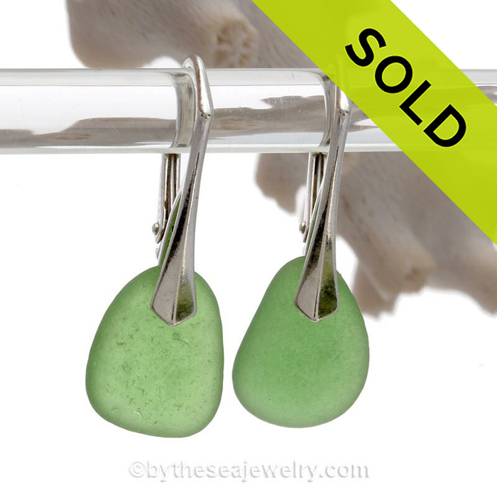 Beach Found Larger Vivid Green Sea Glass Earrings On Solid Sterling Silver Leverbacks