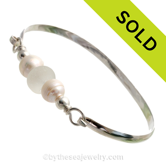 Perfect Pure White English Sea Glass combined with real cultured pearls on this Solid Sterling Silver Full round Sea Glass Bangle Bracelet.