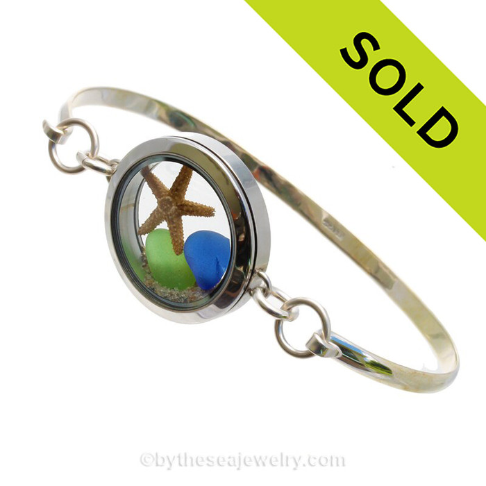 Simply stunning sea glass locket bangle bracelet in silver