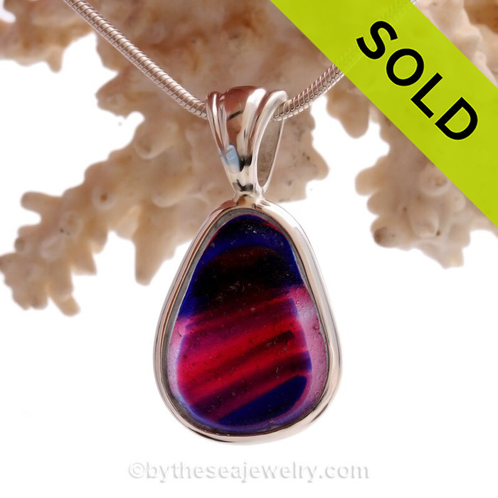 ULTRA ULTRA RARE Deep Magenta Hot Pink and Blue Multi Sea Glass Pendant In  Sterling Silver Deluxe Wire Bezel Setting©