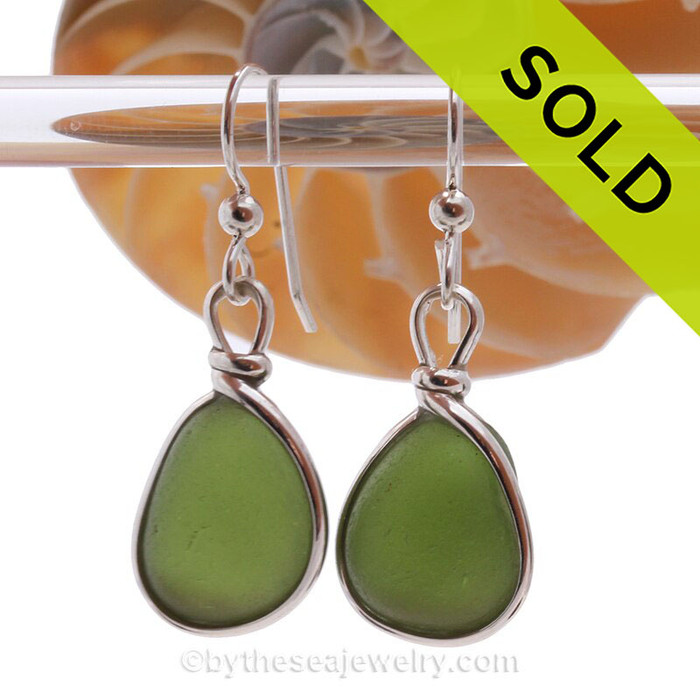 Genuine beach found Bright Jungle Green Sea Glass Earrings in a Solid Sterling Silver Original Wire Bezel© setting.