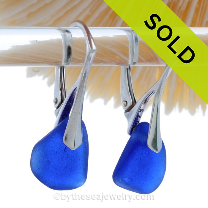 Smaller Lightweight Blue Sea Glass Earrings on Solid Sterling Silver Leverbacks