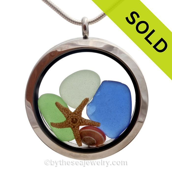 Triple Play - Genuine Blue, Green & Seafoam Sea Glass, Starfish and Shell - JUMBO 35MM Locket