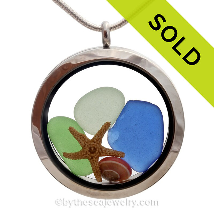 My Beach - Genuine Seafoam Green  &  Blue Sea Glass, Starfish and Shells - JUMBO 35MM Locket