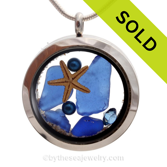 Blue Genuine Sea Glass Locket With Starfish, Tiny blue dyed pearls and real Beach Sand.