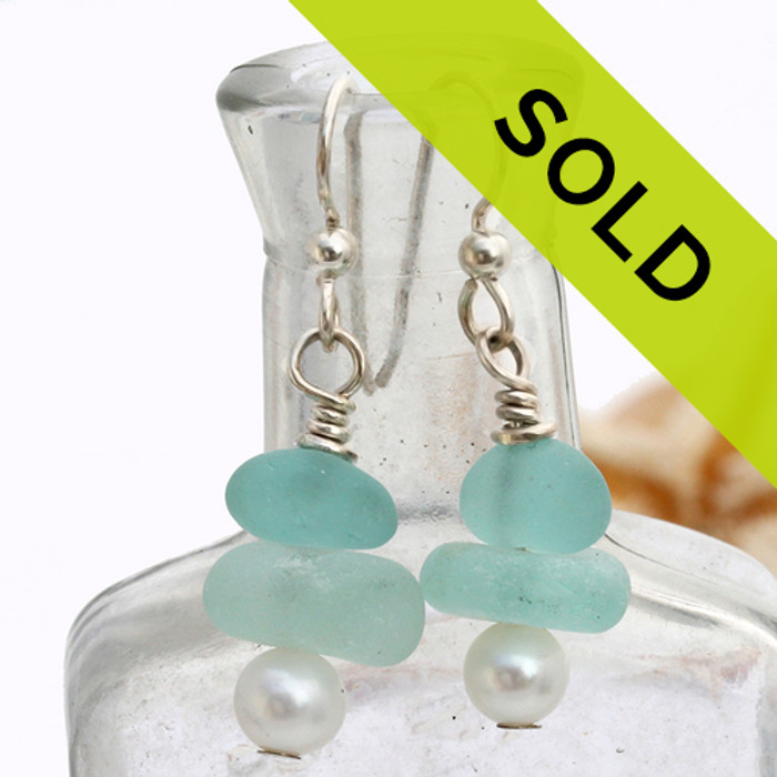 Pale & Deep Aqua Sea Glass Earrings On Sterling W/ Pearls