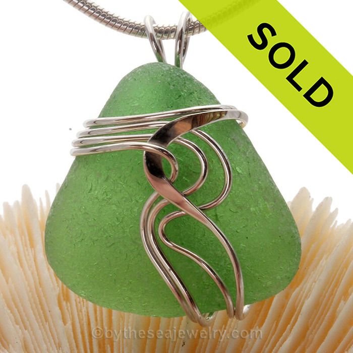 Natural Triangle of Green Genuine Sea Glass Sterling Waves© Signature Sterling Setting Pendant