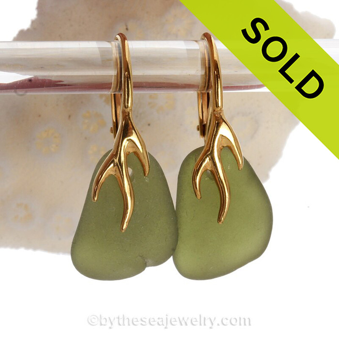 Beautiful Seaweed Green Sea Glass Earrings on 24K Gold Vermeil Coral Branch Earrings