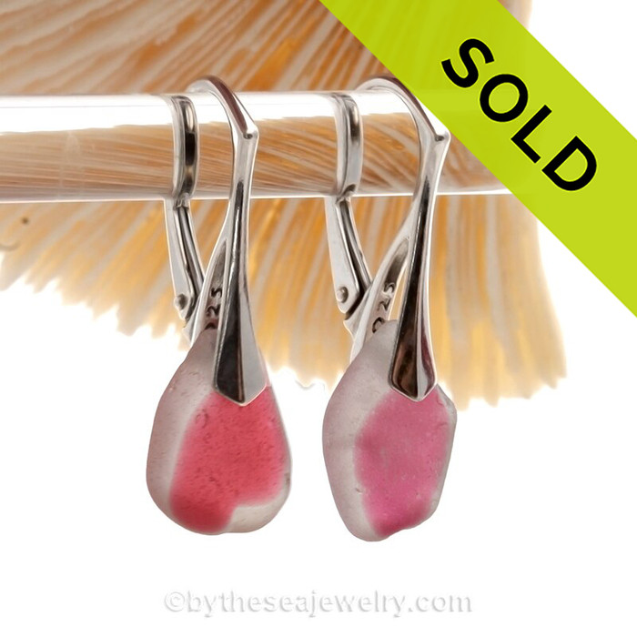 Vivid and VERY RARE Hot Pink Genuine Sea Glass pieces really glow hanging from these Solid Sterling Silver Leverback Earrings.