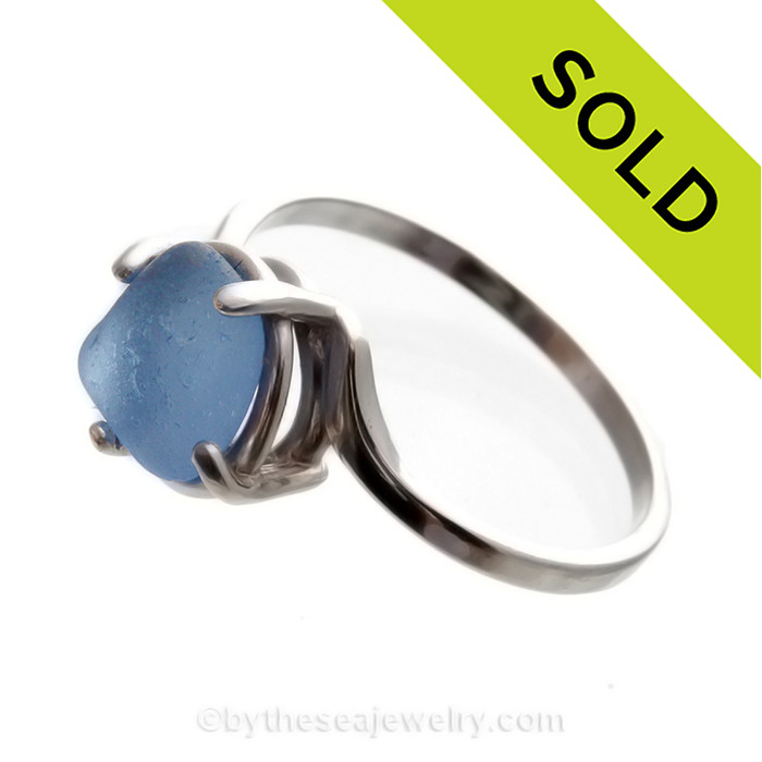 Lovely Bright Carolina Blue Sea Glass In Solid Sterling Silver Ring