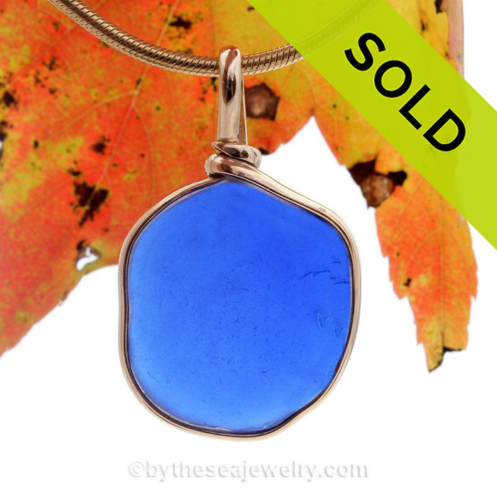 Roundish Cobalt Blue Genuine Sea Glass pendant set in our 14K Goldfilled Original Wire Bezel.