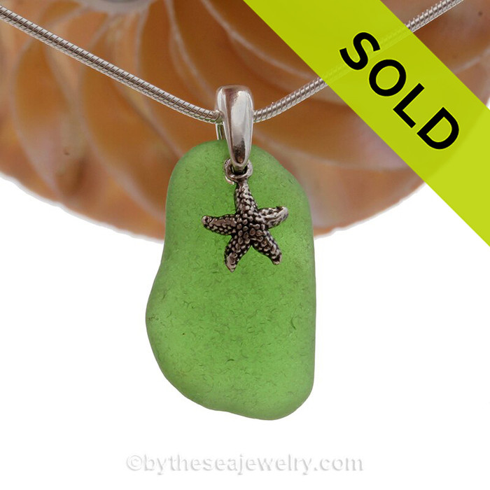 Vivid Green Sea Glass Necklace with Beach found sea glass and Solid Sterling Sea Shell Charm and INCLUDING Solid Sterling Silver Snake chain.