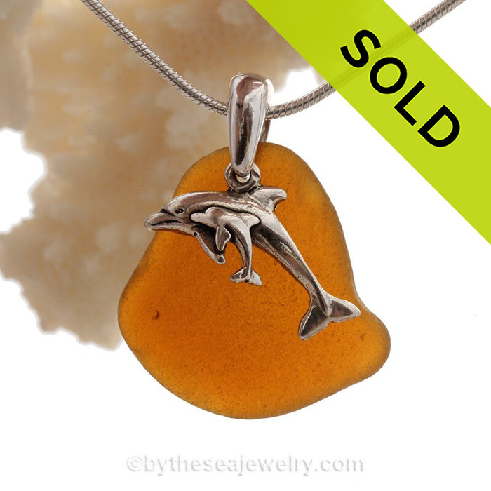 Bright Amber Brown Sea Glass With Sterling Small and Large Dolphins Charm - S/S CHAIN INCLUDED 