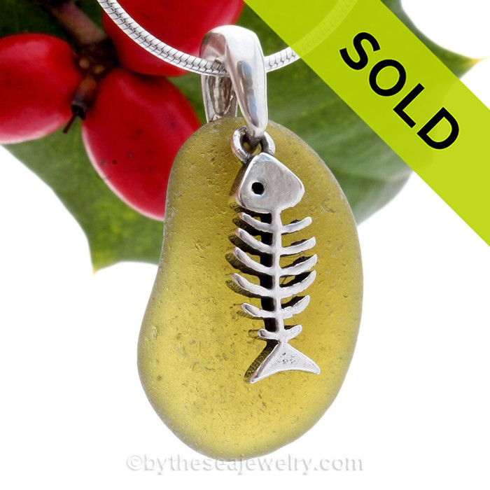 Bright Peridot Green Sea Glass Necklace With Sterling Fish Bones Charm - S/S CHAIN INCLUDED 