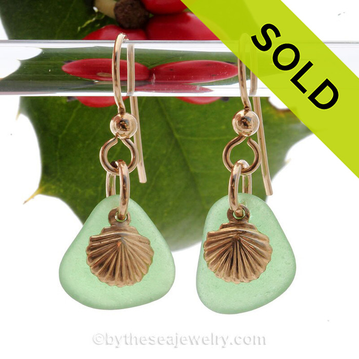 Genuine Green Sea Glass Earrings On Gold With G/F Shell Charms