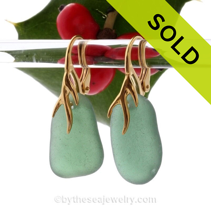 Larger Warm Seaweed Green Sea Glass Earrings on 24K Gold Vermeil Coral Branch Earrings